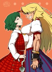 Rule 34 | 2girls, ascot, asymmetrical docking, blonde hair, breast contest, breast press, breasts, closed umbrella, confrontation, cosplay, cuffs, dark-skinned female, dark skin, eye contact, face-to-face, green hair, grin, height difference, highres, horns, hoshiguma yuugi, kazami yuuka, large breasts, looking at another, mister donut, multiple girls, muscular, muscular female, orange background, parasol, parody, plaid, plaid skirt, plaid vest, planted, planted umbrella, pointy ears, pon de lion, pon de lion (cosplay), red eyes, revision, sideways mouth, single horn, skirt, skirt set, smile, squinting, thick eyebrows, touhou, umbrella, ume (noraneko), vest, yasaka kanako
