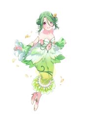 Rule 34 | 1girl, center opening, detached sleeves, double bun, dress, flora (omega labyrinth), flower, full body, green dress, green hair, hair between eyes, hair bun, hair flower, hair ornament, high heels, highres, hobble dress, looking at viewer, navel, official art, omega labyrinth life, petals, pink eyes, simple background, solo, strapless, strapless dress, strappy heels, u35, white background