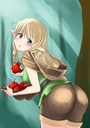 Rule 34 | 1girl, apple, artist request, ass, blonde hair, blue eyes, blush, braid, breasts, dragon&#039;s crown, elf (dragon&#039;s crown), food, fruit, hood, leaning, leaning forward, long hair, looking at viewer, open mouth, parted lips, pointy ears, shorts, sideboob, solo, vanillaware