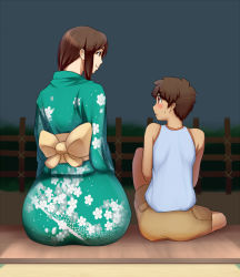 Rule 34 | 1boy, 1girl, age difference, ass, blush, brown eyes, brown hair, from behind, huge ass, japanese clothes, kimono, mafen, mature female, outdoors, sitting, wide hips, yukata