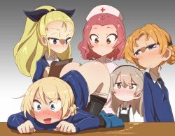 5girls alternate_costume ass assam_(girls_und_panzer) black_bow black_bowtie black_dress black_headband black_necktie black_pantyhose black_ribbon black_skirt blonde_hair blue_eyes blue_skirt blue_sweater blush bow bowtie braid brown_eyes clothes_pull collared_shirt commentary_request crying darjeeling_(girls_und_panzer) dress girls_und_panzer grey_hair hair_ribbon hat headband highres holding holding_board holding_pen inspecting jinguu_(4839ms) long_hair long_sleeves miniskirt multiple_girls necktie nurse nurse_cap on_table one_side_up open_mouth orange_eyes orange_hair orange_pekoe_(girls_und_panzer) overall_skirt panties panty_pull pantyhose pantyhose_pull pen pink_dress pink_hair purple_eyes ribbon rosehip_(girls_und_panzer) school_uniform shimada_arisu shirt short_hair skirt st._gloriana&#039;s_school_uniform staring suspender_skirt suspenders sweater table tears top-down_bottom-up underwear white_panties white_shirt writing