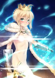 Rule 34 | 1girl, armor, artoria pendragon (fate), bird, blonde hair, blush, cape, censored, convenient censoring, crow, crown, fate/grand order, fate (series), fuya (tempupupu), green eyes, lens flare, naked cape, navel, royal robe, saber (fate), solo, sword, weapon