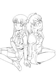 Rule 34 | 2k-tan, glasses, greyscale, holding hands, highres, long hair, monochrome, os-tan, sitting, thighhighs, xp-tan