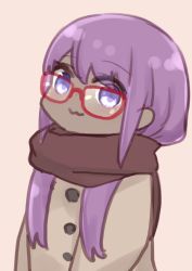Rule 34 | 1girl, :3, alternate hair length, alternate hairstyle, bespectacled, brown background, brown jacket, brown scarf, closed mouth, dark skin, dark-skinned female, fate/prototype, fate/prototype: fragments of blue and silver, fate (series), glasses, hassan of serenity (fate), highres, i.u.y, jacket, long hair, looking at viewer, purple eyes, purple hair, red-framed eyewear, scarf, simple background, solo, upper body