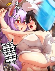 Rule 34 | 4girls, animal ears, arguing, armpits, ass, black hair, blunt bangs, blush, breasts, commentary request, cross, emphasis lines, floppy ears, food, hat, highres, houraisan kaguya, inaba tewi, large breasts, light purple hair, long hair, looking at another, multiple girls, naked towel, notice lines, nurse cap, open mouth, peso (cheese company), popsicle, popsicle stick, rabbit ears, rabbit tail, red cross, red eyes, reisen udongein inaba, short hair, small breasts, tackle, tail, touhou, towel, translation request, upper body, white towel, yagokoro eirin
