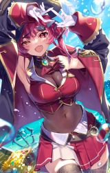 Rule 34 | 1girl, :d, anchor, armpits, ascot, black jacket, blue sky, breasts, brown thighhighs, cleavage, cloud, covered navel, day, eyepatch, eyepatch lift, fang, gloves, heterochromia, highres, hololive, houshou marine, jacket, large breasts, looking at viewer, ocean, open clothes, open jacket, open mouth, outdoors, red ascot, red eyes, red hair, red skirt, see-through, see-through cleavage, shuri (84k), skin fang, skirt, sky, smile, solo, thighhighs, thighs, treasure, treasure chest, virtual youtuber, white gloves, yellow eyes, zettai ryouiki