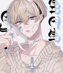 Rule 34 | 1boy, bad id, bad twitter id, bandage on face, bandages, bandaid, bandaid on face, black hair, blonde hair, blue eyes, brown jacket, collarbone, earrings, highres, jacket, jewelry, kilmydog, long sleeves, looking at viewer, male focus, matsuno chifuyu, parted lips, short hair, single earring, sleeves past wrists, solo, tokyo revengers, white background