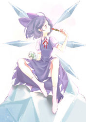 Rule 34 | 1girl, blue dress, blue eyes, blue hair, bow, cirno, dress, eating, food, frog, frozen, frozen frog, hair bow, ice block, ice cream, kuronuko neero, matching hair/eyes, no shoes, popsicle, shirt, short hair, sitting, sitting on object, solo, touhou, watermelon bar, wings