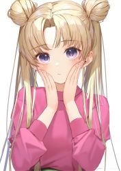 Rule 34 | 1girl, bad id, bad twitter id, bishoujo senshi sailor moon, blonde hair, blush, closed mouth, double bun, earrings, female focus, hair bun, hands on own cheeks, hands on own face, hands up, highres, jewelry, long hair, long sleeves, looking at viewer, parted bangs, pink sweater, purple eyes, ryota (ry o ta), signature, simple background, solo, stud earrings, sweater, tsukino usagi, twintails, upper body, white background