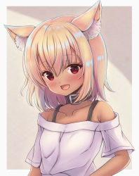 Rule 34 | 1girl, :d, absurdres, animal ear fluff, animal ears, black collar, blush, breasts, collar, collarbone, commentary request, dark-skinned female, dark skin, hair between eyes, highres, light brown hair, looking at viewer, off-shoulder shirt, off shoulder, open mouth, original, red eyes, sakuraume, shirt, short sleeves, small breasts, smile, solo, upper body, white shirt