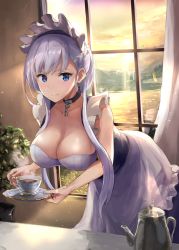 Rule 34 | 1girl, apron, azur lane, belfast (azur lane), blue eyes, blush, braid, breasts, cleavage, closed mouth, cup, curtains, day, evening, figurehead (artist), frilled apron, frills, half updo, indoors, large breasts, leaning forward, long hair, looking at viewer, maid, maid headdress, ocean, plant, potted plant, saucer, silver hair, smile, solo, teacup, teapot, waist apron, window
