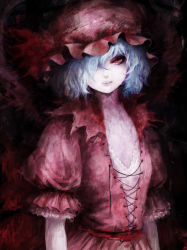 Rule 34 | 1girl, bad id, bad pixiv id, blue hair, faux traditional media, female focus, flat chest, hair over one eye, hat, lips, neiko, nose, osiosan, red eyes, remilia scarlet, short hair, solo, speed painting, touhou