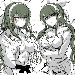 Rule 34 | 1girl, blush, bow, breasts, chabashira tenko, clenched teeth, commentary request, danganronpa (series), danganronpa v3: killing harmony, disgust, green eyes, green hair, hair ornament, hairband, highres, large breasts, long hair, long sleeves, looking at viewer, midriff, monochrome, multiple views, navel, no bra, open mouth, partially colored, sailor collar, simple background, sketch, skirt, sportswear, star (symbol), stomach, suurin (ksyaro), sweat, teeth, upper body, white background