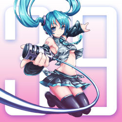 Rule 34 | 1girl, 39, aqua hair, armpits, bare shoulders, blue eyes, boots, breasts, detached sleeves, floating hair, foreshortening, gogatsu no renkyuu, groin, hatsune miku, highres, kneeling, microphone, midriff, navel, necktie, sideboob, skirt, smile, solo, thigh boots, thighhighs, twintails, underboob, vocaloid
