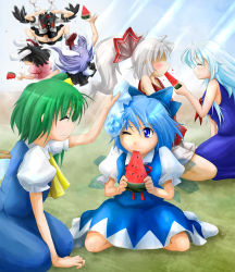 Rule 34 | 6+girls, animal ears, black hair, blue hair, camera, cirno, daiyousei, food, fruit, fujiwara no mokou, green hair, hat, highres, inaba tewi, kamishirasawa keine, kitsune maru, multiple girls, panties, pantyshot, pink panties, ponytail, purple hair, reisen udongein inaba, ribbon, shameimaru aya, silver hair, sweatdrop, tokin hat, touhou, underwear