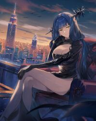 Rule 34 | 1girl, absurdres, arcana (reverse:1999), bare legs, bird, black dress, black gloves, blue hair, blue sky, breasts, building, city, city lights, cityscape, cleavage, cleavage cutout, closed mouth, clothing cutout, cloud, couch, cropped, crossed legs, dress, elbow gloves, elbow rest, feet out of frame, gloves, guest art, hair intakes, hand on own cheek, hand on own face, hand on own knee, head rest, highres, kurohal, large breasts, light smile, long dress, long hair, long sleeves, looking at viewer, on couch, reverse:1999, side slit, sitting, sky, skyline, skyscraper, solo, wand in head, window, yellow eyes