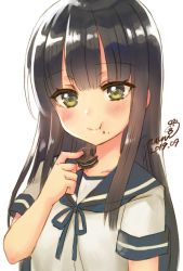 Rule 34 | 1girl, black hair, blue neckerchief, blue sailor collar, blunt bangs, brown eyes, collared shirt, commentary request, cookie, dated, eating, food, hatsuyuki (kancolle), kantai collection, long hair, neckerchief, oreo, sailor collar, school uniform, serafuku, shirt, signature, simple background, smile, solo, upper body, white background, yumi yumi