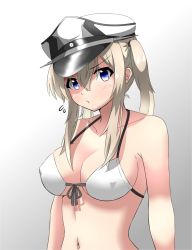 Rule 34 | 1girl, bare shoulders, bikini, black ribbon, blonde hair, blue eyes, breasts, cleavage, closed mouth, collarbone, covered erect nipples, flying sweatdrops, front-tie bikini top, front-tie top, gradient background, graf zeppelin (kancolle), grey background, hair between eyes, hat, highres, kantai collection, long hair, looking at viewer, medium breasts, navel, peaked cap, pouty lips, ribbon, sakuramai (sakuramai 0525), sidelocks, solo, swimsuit, twintails, upper body, white bikini, white hat