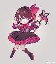 Rule 34 | 1girl, black dress, boots, bow, cape, chibi, corset, detached sleeves, dress, frilled dress, frilled skirt, frilled sleeves, frills, hair ribbon, magical girl, maguro (guromaguro), pantyhose, red cape, red hair, ribbon, ruby rose, rwby, scythe, short hair, grey eyes, skirt, solo, thighhighs