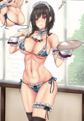 Rule 34 | 1girl, abs, ascot, ass, bikini, black hair, black thighhighs, blue bikini, breasts, bridal garter, butt crack, collar, commentary, cowboy shot, detached collar, frilled collar, frills, groin, hands up, highres, holding, holding tray, indoors, kantai collection, large breasts, maid, maid bikini, maid headdress, mickey dunn, mole, mole under mouth, multiple views, navel, navel piercing, piercing, pulling own clothes, red eyes, side-tie bikini bottom, sitting, squiggle, standing, stomach, strap pull, swimsuit, takao (kancolle), thighhighs, thighs, tray, unconventional maid, untied bikini, white ascot, window, wrist cuffs