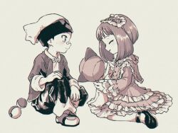 Rule 34 | 1boy, 1girl, bandaid, bandaid on face, bandaid on nose, beanie, blush, brendan (pokemon), closed eyes, closed mouth, commentary request, creatures (company), dress, frilled dress, frills, funabara (sksn herb), game freak, gen 3 pokemon, hat, highres, jacket, looking at another, may (pokemon), nintendo, odamaki sapphire, open clothes, open jacket, open mouth, pants, poke ball, poke ball (basic), pokemon, pokemon (creature), pokemon adventures, ralts, shirt, shoes, sitting, smile