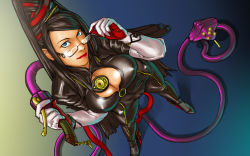 Rule 34 | 1girl, bayonetta, bayonetta (series), bayonetta 1, black hair, blue eyes, bodysuit, breasts, cleavage, cleavage cutout, clothing cutout, earrings, elbow gloves, eyeshadow, glasses, gloves, hair bun, jewelry, large breasts, lipstick, long hair, looking up, makeup, mole, mole under mouth, red ribbon, ribbon, solo, take (draghignazzo), whip