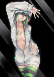 Rule 34 | 1girl, absurdres, against glass, bad id, bad pixiv id, breasts, cleavage, fourth wall, green eyes, green hair, hair over breasts, highres, hood, hoodie, jikeshi, long hair, looking at viewer, matching hair/eyes, medium breasts, naked hoodie, no bra, original, patterned legwear, solo, striped clothes, striped thighhighs, thighhighs, two-tone stripes, unzipped, zettai ryouiki