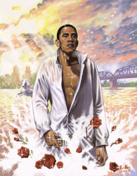 Rule 34 | 00s, 1boy, 2008, adam&#039;s apple, barack obama, black hair, bridge, city, cloud, cloudy sky, dark-skinned male, dark skin, dress shirt, eyebrows, fabulous, flower, highres, horse, jpeg artifacts, light rays, lips, long sleeves, lukas ketner, male focus, manly, outdoors, parted lips, politician, popped collar, president, real life, real life insert, red flower, red rose, river, rose, see-through, shirt, signature, sky, skyline, solo, sparkle, splashing, standing, sunbeam, sunlight, united states, urban, wading, water, wet, white shirt