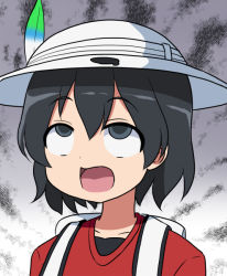 Rule 34 | 10s, 1girl, ahegao, backpack, bag, black eyes, black hair, bucket hat, collarbone, commentary request, eyebrows, feathers, hair between eyes, hat, hat feather, kaban (kemono friends), kemono friends, looking up, open mouth, red shirt, rolling eyes, safari hat, shirt, short hair, solo, super masara, super masara ahegao, upper body