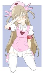 Rule 34 | 1girl, absurdres, apron, armband, bandages, blush, buttons, closed mouth, collared shirt, covered eyes, donguri suzume, hair ornament, hat, heart, highres, kneeling, light brown hair, long hair, natori sana, nurse cap, pink apron, pink hat, puffy short sleeves, puffy sleeves, rabbit hair ornament, sana channel, shirt, short sleeves, simple background, skirt, slippers, smile, solo, thighhighs, thighs, two side up, virtual youtuber, white skirt, white thighhighs, zettai ryouiki
