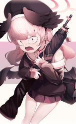 Rule 34 | 1girl, black headwear, blue archive, bolt action, breasts, gun, halo, highres, holding, holding gun, holding weapon, koharu (blue archive), long hair, long sleeves, looking at viewer, low wings, medium hair, neckerchief, nishizono shin, off shoulder, pink eyes, pink hair, pink neckerchief, red halo, red skirt, rifle, school uniform, serafuku, skirt, small breasts, snail, socks, solo, twintails, weapon, winged hat, wings