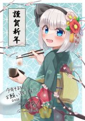Rule 34 | 1girl, 2022, alternate costume, belt, blue background, blue eyes, blue ribbon, blush, border, bowl, branch, dress, floral print, flower, food, from side, ghost, green belt, green dress, green flower, green kimono, grey hair, grey hairband, grey ribbon, hair between eyes, hair flower, hair ornament, hair ribbon, hairband, hands up, heart, highres, hitodama, japanese clothes, kimono, konpaku youmu, konpaku youmu (ghost), leaf, leaf hair ornament, long sleeves, looking at viewer, mochi, open mouth, pink flower, pink ribbon, red flower, ribbon, rital, short hair, smile, solo, standing, touhou, white border, wide sleeves, yellow belt, yellow flower