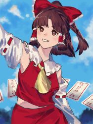 Rule 34 | 1girl, arm at side, arm up, armpit peek, ascot, blue background, bow, bright pupils, brown eyes, brown hair, card, clenched teeth, cloud, cowboy shot, detached sleeves, floating card, frilled bow, frilled hair tubes, frills, grin, hair bow, hair tubes, hakurei reimu, highres, looking at viewer, medium hair, midriff peek, oftooon, outdoors, red bow, red skirt, red vest, ribbon-trimmed sleeves, ribbon trim, skirt, sky, smile, solo, teeth, touhou, vest, white pupils, white sleeves, yellow ascot