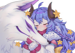 Rule 34 | 1girl, absurdres, ahoge, blue hair, braid, closed mouth, curled horns, closed eyes, fur collar, highres, horns, kindred (league of legends), lamb (league of legends), league of legends, long hair, long sleeves, looking at another, meowlian, official alternate costume, puffy sleeves, shirt, simple background, spirit blossom kindred, white background, white shirt, wolf, wolf (league of legends)