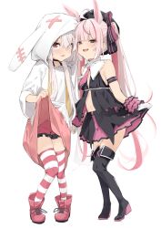 Rule 34 | 2girls, :p, ahoge, animal ears, black footwear, black legwear, black shirt, boots, choker, clothes lift, collar, dress, dress lift, dual persona, face-to-face, fake animal ears, full body, hat, highres, hood, lifted by self, long hair, low twintails, multiple girls, necktie, open mouth, pink eyes, pink hair, rabbit ears, red footwear, red neckwear, red shorts, red skirt, ribbon, shirt, short shorts, shorts, shorts under dress, simple background, skirt, skirt lift, sleeveless, sleeveless shirt, smile, striped clothes, striped legwear, striped thighhighs, thigh boots, thighhighs, thighs, tomari mari, tomari mari channel, tongue, tongue out, twintails, uno ryoku, virtual youtuber, white background, white collar, white dress, zettai ryouiki