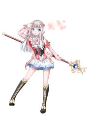 Rule 34 | 1girl, :d, absurdres, arm up, atelier (series), atelier lulua, blue eyes, boots, breasts, cleavage, cleavage cutout, clothing cutout, commentary, corset, cross-laced clothes, cross-laced footwear, elmerulia fryxell, frills, full body, hair ornament, hairband, heart, heart hair ornament, highres, holding, holding staff, jacket, knee boots, lace-up boots, legs apart, long hair, long sleeves, medium breasts, miniskirt, neko kizuna, open mouth, pink hair, pink jacket, simple background, skirt, smile, solo, sparkle, staff, standing, white background