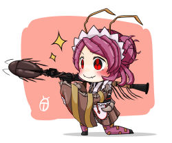 Rule 34 | 1girl, antennae, apron, arthropod girl, black footwear, blush, brown kimono, bug, chibi, cockroach, commentary request, entoma vasilissa zeta, extra pupils, fangs, full body, hair bun, highres, insect, japanese clothes, kimono, maid, maid headdress, monster girl, ofuda, on one knee, overlord (maruyama), pantyhose, purple hair, purple pantyhose, red background, red eyes, rocket launcher, rpg, rpg-7, rpg (weapon), short hair, simple background, skin fangs, sleeves past wrists, smile, solo, sparkle, standing, touyakakasi, two-tone background, waist apron, weapon, white background