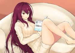 Rule 34 | 1girl, bad id, bad twitter id, barefoot, book, breasts, closed mouth, couch, dress, fate/grand order, fate (series), hair between eyes, highres, holding, holding book, indoors, ito (silk9f), knees up, large breasts, light smile, long hair, on couch, open book, purple hair, reading, red eyes, ribbed sweater, scathach (fate), sitting, solo, sweater, sweater dress, turtleneck, turtleneck sweater