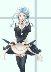 Rule 34 | 1girl, apron, black thighhighs, blank stare, blue eyes, blue hair, crossed arms, dagger, dual wielding, fire emblem, fire emblem fates, flora (fire emblem), haru (nakajou-28), highres, holding, knife, long hair, looking at viewer, maid, maid apron, maid headdress, matching hair/eyes, nintendo, solo, standing, thighhighs, twintails, weapon