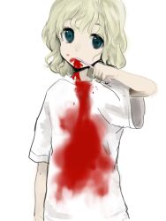 Rule 34 | 1girl, arm at side, bleeding, blonde hair, blood, blood from mouth, blood on clothes, blood on face, blood stain, blue eyes, brushing teeth, clenched hand, covered mouth, dot nose, hand up, holding, holding toothbrush, looking at viewer, luv, original, shirt, short hair, short sleeves, simple background, solo, t-shirt, toothbrush, upper body, wavy hair, white background, white shirt