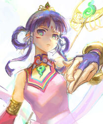 Rule 34 | 1girl, ace attorney, arm at side, bridal gauntlets, closed mouth, collared shirt, detached sleeves, facial mark, forehead mark, from below, frown, green eyes, hair ribbon, hair rings, hand up, jewelry, looking at viewer, necklace, phoenix wright: ace attorney - spirit of justice, pink shirt, purple hair, qosic, rayfa padma khura&#039;in, ribbon, shakujou, shirt, sidelocks, sleeveless, sleeveless shirt, solo, staff, tiara, upper body, white background, white ribbon