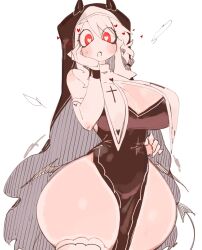 Rule 34 | 1girl, bare hips, blush, breasts, cleavage, demon girl, demon horns, demon tail, gloves, hand on own face, heart, heart-shaped pupils, helltaker, highres, horns, huge breasts, looking at viewer, medium hair, modeus (helltaker), nun, pelvic curtain, red eyes, sidelocks, symbol-shaped pupils, tail, thick thighs, thighhighs, thighs, usa37107692, white gloves, white hair, white thighhighs, wide hips