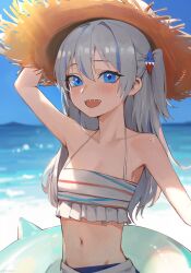Rule 34 | 1girl, :d, arm up, bare shoulders, bikini, blue eyes, blue hair, blue sky, blurry, blurry background, brown hat, collarbone, commentary request, darkzmonsty, day, frilled bikini, frills, gawr gura, grey hair, hair ornament, halterneck, hand on headwear, hat, highres, hololive, hololive english, horizon, innertube, multicolored hair, navel, ocean, open mouth, outdoors, sharp teeth, sky, smile, solo, straw hat, streaked hair, swim ring, swimsuit, teeth, two side up, virtual youtuber, white bikini
