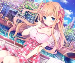 Rule 34 | 1girl, blouse, blue eyes, blue sky, blush, boat, braid, breasts, bridge, brown hair, choker, cleavage, clock, clock tower, closed mouth, cloud, cloudy sky, collarbone, copyright request, day, dress, flower, hair flower, hair ornament, hair ribbon, hand on lap, hand up, highres, house, kimishima ao, lace, lace-trim, lace-trimmed choker, lace-trimmed skirt, lace trim, lamppost, large breasts, long hair, original, outdoors, pink shirt, plaid, plaid dress, plaid ribbon, plant, red choker, red ribbon, ribbon, river, saijo melia, sash, shirt, side ponytail, sitting, skirt, sky, smile, solo, tower, tree, very long hair, water, watercraft