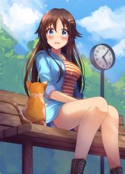 Rule 34 | 1girl, blue jacket, blue sky, blush, breasts, brown hair, cat, clock, cloud, commentary request, day, from below, green eyes, hair ornament, hairclip, himekawa yuki, idolmaster, idolmaster cinderella girls, jacket, large breasts, long hair, looking at viewer, open mouth, orange shirt, outdoors, shirt, short shorts, shorts, sitting, sky, smile, striped clothes, striped shirt, tearing up, two-tone shirt, white shirt, z.nov