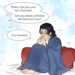 Rule 34 | 1boy, animification, barefoot, bed, black hair, blanket, blue background, blush, closed mouth, collarbone, commentary, cup, english commentary, english text, green eyes, hands up, holding, holding cup, loki (marvel), looking at object, male focus, marvel, marvel cinematic universe, murdermuffinloki, on bed, pillow, short hair, simple background, sitting, solo, speech bubble, steam, white background
