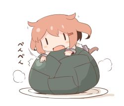 Rule 34 | 10s, 1girl, blush stickers, brown hair, chibi, commentary request, fang, food, hair ornament, hairclip, hanomido, ikazuchi (kancolle), kantai collection, long sleeves, mini person, minigirl, motion lines, onigiri, open mouth, plate, school uniform, serafuku, short hair, simple background, solid eyes, solo, steam, white background, | |