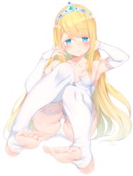Rule 34 | 1girl, bare shoulders, blonde hair, blue eyes, blush, breasts, bridal gauntlets, collarbone, commentary request, commission, copyright request, diadem, elbow gloves, feet, full body, garter straps, gloves, highres, long hair, looking at viewer, otokuyou, panties, pixiv commission, sitting, small breasts, smile, soles, solo, stirrup legwear, thighhighs, toeless legwear, toes, underwear, very long hair, white garter straps, white gloves, white panties, white thighhighs