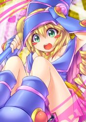 Rule 34 | 1girl, blonde hair, blue footwear, blush stickers, boots, card, dark magician girl, detached sleeves, duel monster, fingerless gloves, fun bo, gloves, green eyes, hat, hexagram, open mouth, symbol-shaped pupils, teeth, wand, witch hat, yu-gi-oh!, yuu-gi-ou, yu-gi-oh! duel monsters