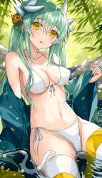Rule 34 | 1girl, bare shoulders, bikini, blush, breasts, cleavage, collarbone, dragon girl, dragon horns, fate/grand order, fate (series), green hair, highres, horns, kiyohime (fate), large breasts, long hair, looking at viewer, morizono shiki, navel, off shoulder, parted lips, solo, swimsuit, white bikini, yellow eyes